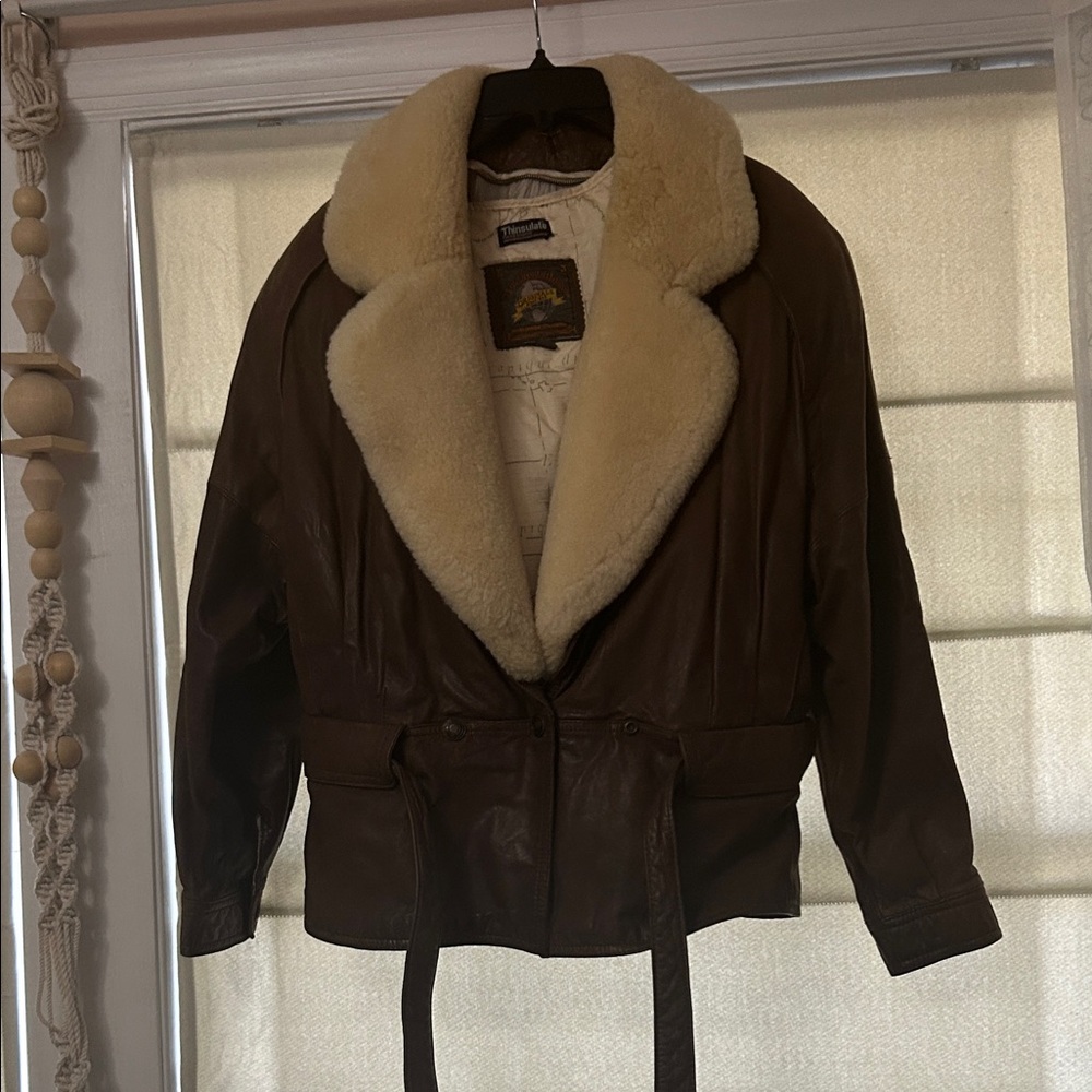 Vintage Brown Leather Shearling Jacket with Cream Collar